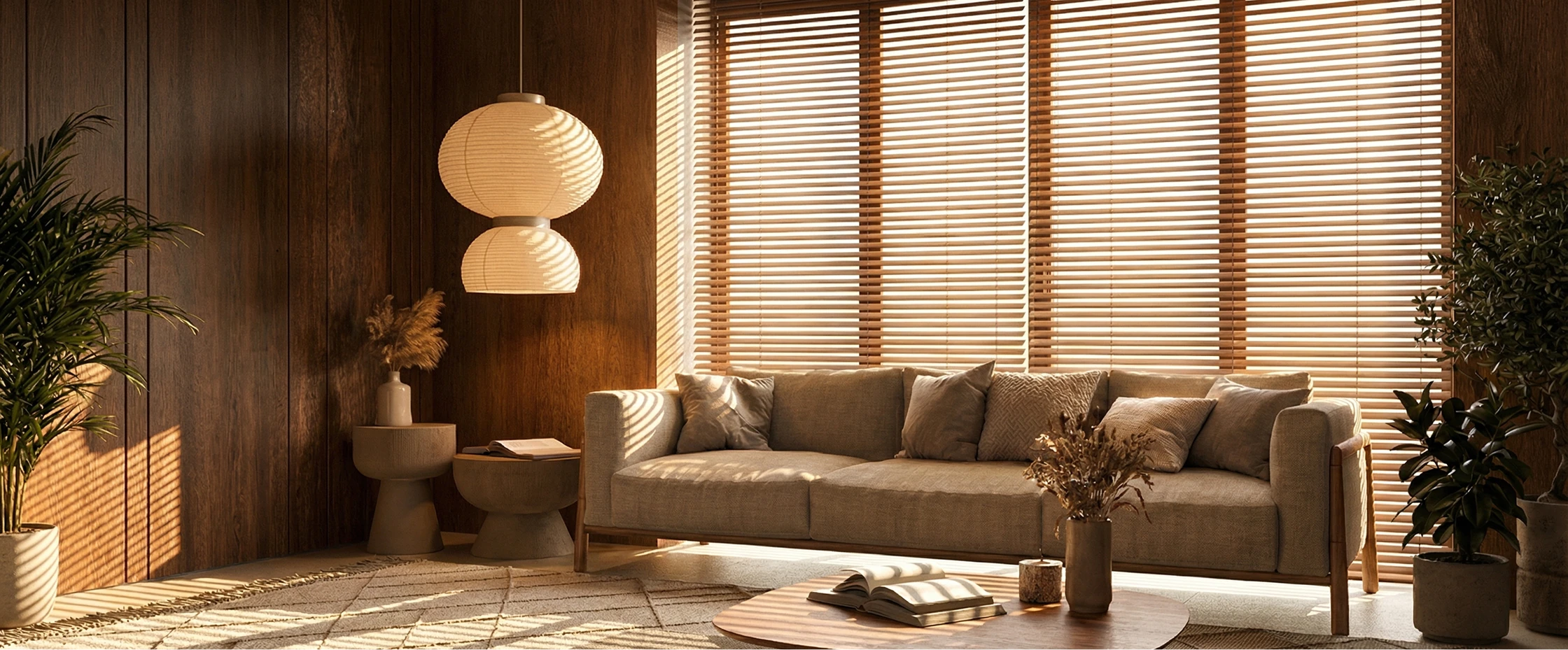 Basswood wood blinds in a lounge setting